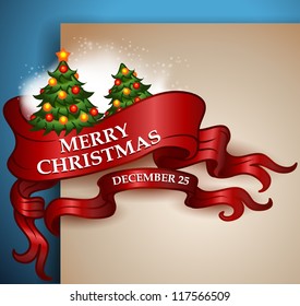 Merry Christmas ribbon banner with snow and decorated christmas trees - vector illustration is perfectly suitable for website.