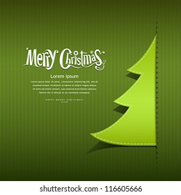 Merry Christmas Ribbon Paper Green Tree Design Greeting Card, Vector Illustration