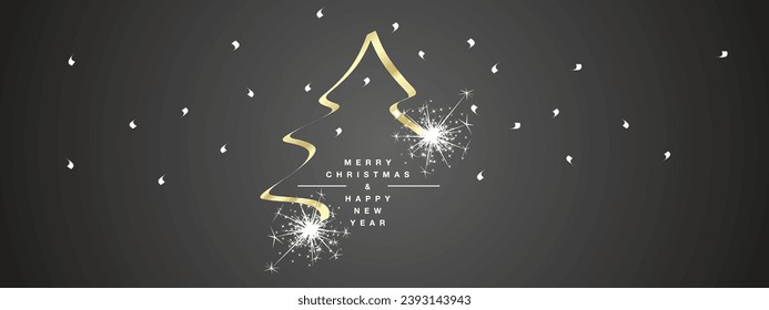 Merry Christmas ribbon shape hand calligraphy Christmas tree and snowflakes golden light white black background minimal design greeting card