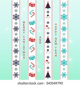 Merry Christmas ribbon tape scrapbook items in blue, turquoise, navy blue, white and red colors with light blue gradient background.
