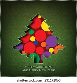 Merry Christmas ribbon textile green tree design greeting card. (EPS10 Vector)