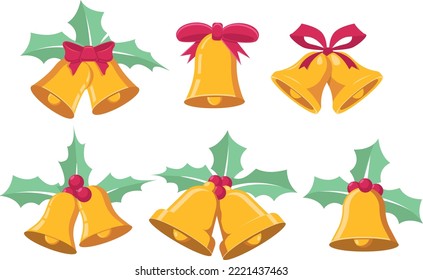 Merry Christmas Ring bell vector art. Ilustración navideña Colección de las campanas de oro, Holly berry