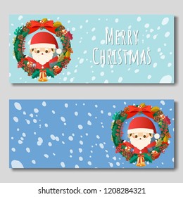 Merry Christmas with christmas ring and cute cartoon character little Santa Claus inside. Pop-under banner size. Vector illustration.