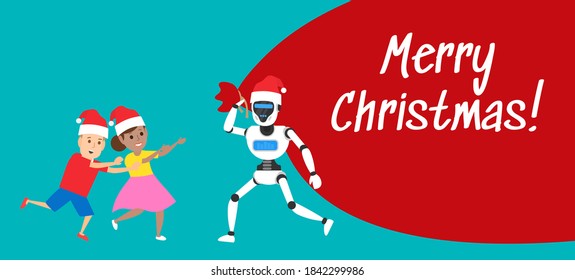 merry christmas robot santa claus carrying a big red bag and happy kids vector illustration