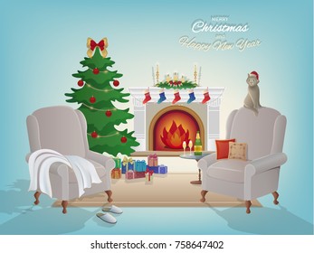 Merry Christmas room interior background with a fireplace, Christmas tree, armchairs, Santa Claus cap,gift boxes, cat. Candles socks and decorations. Waiting for the New Year and Christmas card Vector