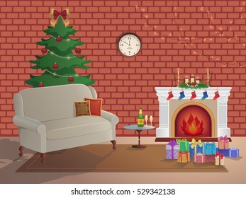 Merry Christmas room interior on a brick background with a fireplace, Christmas tree, couch, gift boxes, wall clock. Candles socks and decorations. Waiting for the New Year and Christmas card. Vector
