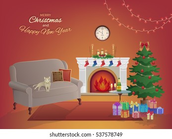 Merry Christmas room interior on a red background with a fireplace, Christmas tree, couch, gift boxes, wall clock. Candles socks and decorations. Waiting for the New Year and Christmas card. Vector