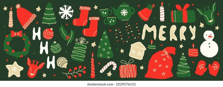 Feliz Navidad tosco naive elemento de Vector lindo. Dibujo de la colección de la planta del acebo, árbol de navidad, guante, calcetín, regalo, bola de la chuchería de la Navidad. Diseño conveniente para el Anuncio, invitación, decoración