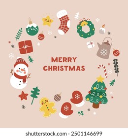 Merry Christmas round background frame with flat icons isolated on white. Christmas tree, snowman, gift, winter holiday design elements. Vector template New Year Wreath with Xmas decorations.