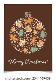 Merry Christmas round Christmas ball shape with gingerbread houses, men, fir trees and stars postcard design. White snowflake on brown background. New Year greeting card template. Vector illustration