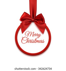 Merry Christmas round banner with red ribbon and bow, isolated on white background. Greeting card template. Vector illustration.