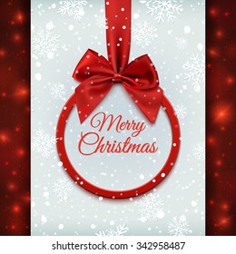 Merry Christmas round banner with red ribbon and bow, on winter background with snow and snowflakes. Greeting card template. Vector illustration.