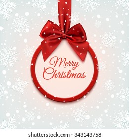 Merry Christmas round banner with red ribbon and bow, on winter background with snow and snowflakes. Greeting card template. Vector illustration.