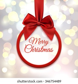 Merry Christmas, round banner with red ribbon and bow, on abstract, blurred background with bokeh circles. Vector illustration.