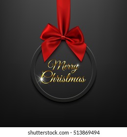 Merry Christmas round banner with red ribbon and bow, on black background. Brochure or banner template. Vector illustration.