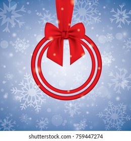 Merry Christmas, round banner with a red ribbon and bow, on a winter background with snow and snowflakes.