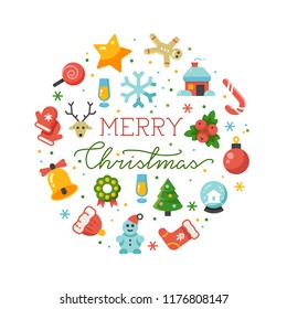 Merry Christmas round banner vector template with flat icons isolated on white background illustration