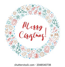 Merry Christmas in round border of colorful winter hand drawn doodles. Vector phrases elements for invitations, calender, organizer, cards, banners, posters, mug, scrapbooking, pillow cases