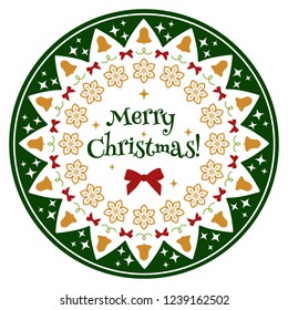 Merry Christmas round card mandala with attributes. Red and green gradient color. Banner for new year celebration. Snowflakes, bells and bow.
