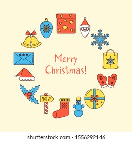 Merry Christmas round concept banner with place for text. Holiday poster in colored line style. Vector illustration.