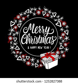 Merry Christmas round frame with lettering inscription. Abstract fashion style holiday design. Vector sketch illustration elements and gift box.