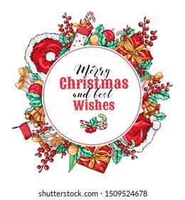Merry Christmas round frame vector template. Winter traditional holiday circle border layout. New Year celebration invitation, greeting card, postcard design. Xmas festive present, bell illustration