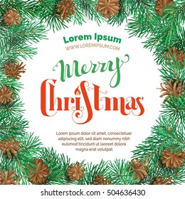 Merry Christmas round frame. Vector high detailed pine branch and cone decoration. Nature illustration.