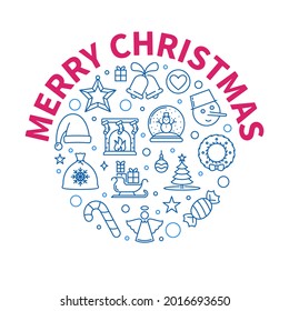 Merry Christmas round outline Greeting Card - vector Xmas concept illustration or banner