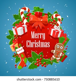 Merry Christmas Round Poster or Greeting Card With Gift Box, Wreath of Holly, Stocking and Candy Cookie on Blue Gradient Background. Vector Illustration