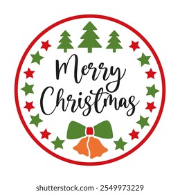 Merry Christmas round sign. Circle shape vector template for traditional winter holiday. Xmas emblem design for greeting cards, banners, stickers, festive badges, invitations, door signs