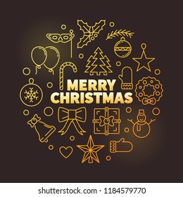 Merry Christmas round vector golden illustration. Creative xmas greeting card made with outline icons in circle shape on dark background