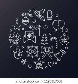 Merry Christmas round vector modern illustration. Creative xmas greeting card made line icons in circle shape on dark background