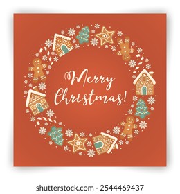 Merry Christmas round wreath with gingerbread houses, men, fir trees and stars postcard design. White snowflakes on red background. Minimalist New Year greeting card template. Vector illustration.