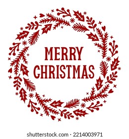 Merry Christmas round wreath. For a postcard, banner, window, wall decor, paper cutting, laser cut, printing on T-shirts, pillows. Holidays text. Isolated on white background.