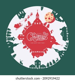 Merry Christmas Rounded Background Vector Illustration with paper art and craft style, silhouette of Santa Claus Reindeer Sleigh, house, church, pine tree. Panoramic round view in 3d papercut style