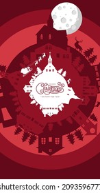 Merry Christmas Rounded Background Vector Illustration with paper art and craft style, silhouette of Santa Claus Reindeer Sleigh, house, church, pine tree. Panoramic round view in 3d papercut style