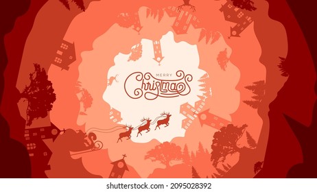 Merry Christmas Rounded Background Vector Illustration with paper art and craft style, silhouette of Santa Claus Reindeer Sleigh, house, church, pine tree. Panoramic round view in 3d papercut style