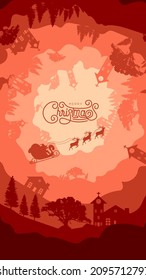 Merry Christmas Rounded Background Vector Illustration with paper art and craft style, silhouette of Santa Claus Reindeer Sleigh, house, church, pine tree. Panoramic round view in 3d papercut style