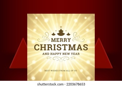Merry Christmas royal classic greeting card illuminated glare curved ornate design vector illustration. Happy New Year banner festive celebration premium curly ornament elegant golden spruce fir tree