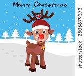 Merry Christmas with Rudolph the Red-Nosed Reindeer. A cute and colorful image of a reindeer celebrating Christmas.The reindeer is full of joy, and the scene is filled with holiday cheer