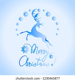 Merry Christmas! Running deer in a halo of snowflakes. Poster, card, invitation card, a festive message with a deer, notes, snowflakes and space for text. Design for New Year's entertainment program.