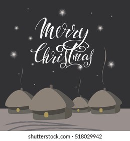 Merry Christmas. Rural winter landscape with houses and starry sky. Night