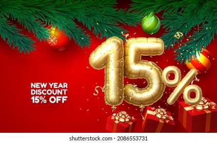 Merry Christmas, sale 15 off ballon number on the red background. Vector illustration