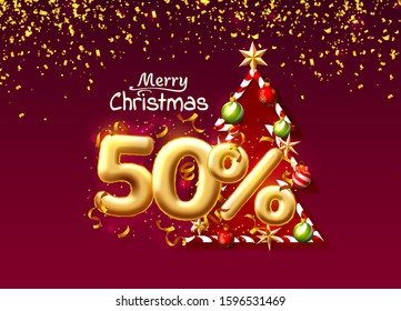 Merry Christmas, sale 50 off ballon number on the red background. Vector illustration