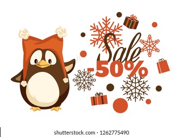 Merry Christmas sale 50 percent half price off vector. Special discount winter holiday offers, snowflake ornaments and percentage penguin in warm hat