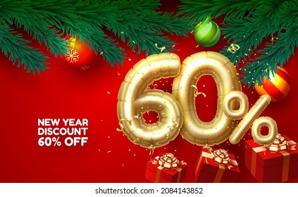 Merry Christmas, sale 60 off ballon number on the red background. Vector illustration