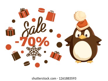 Merry Christmas sale 70 percent penguin animal vector. Clearance and special offer, present in boxes, giftbox in wrapping and snowflake ornaments