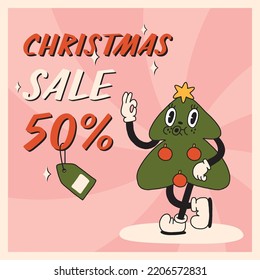 Merry Christmas Sale Advertisement, Retro Banner With 30s Cartoon Christmas Tree Mascot Character 40s, 50s, 60s Old Animation Style. Vintage Comic, Wonder, Happy Emotions. Isolated Cartoon Flat Vector