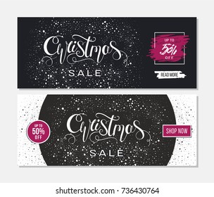 Merry Christmas sale advertising. Banner template with hand drawn lettering  and design elements