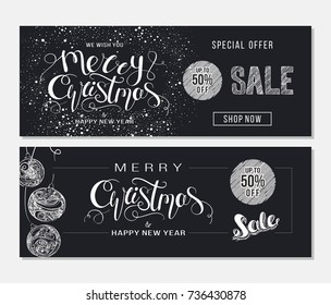 Merry Christmas sale advertising. Banner template with hand drawn lettering  and design elements